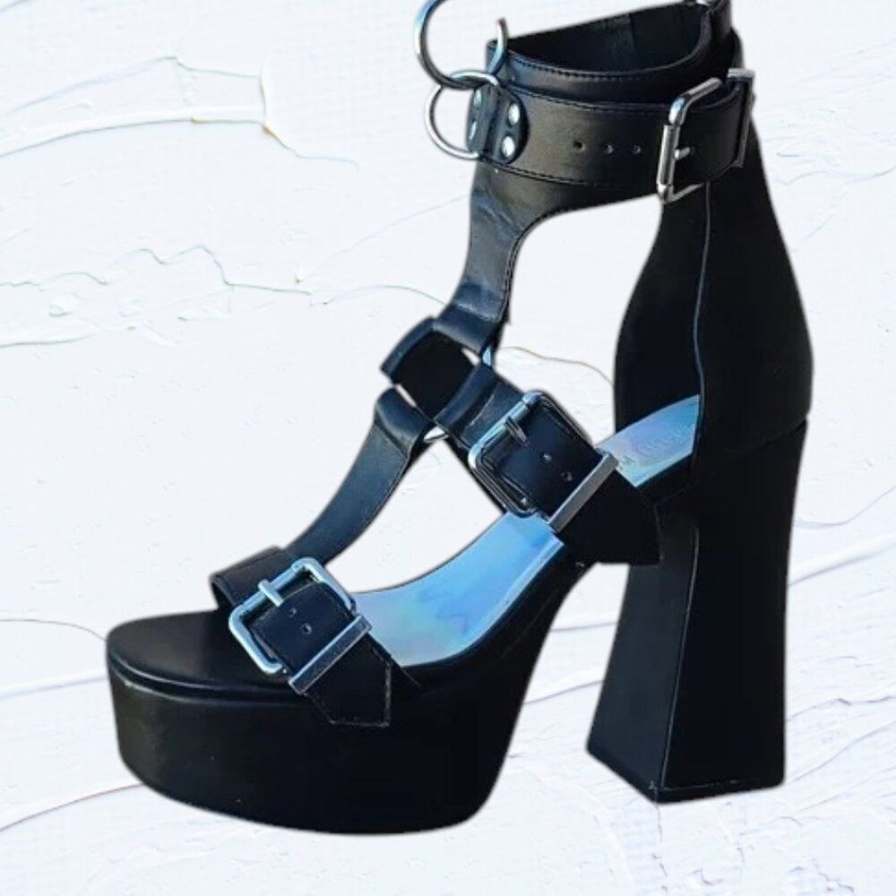 Dolls Kill Current Mood Blk Platform Heeled Sandals O-Ring Buckle Goth Y2K Shoe